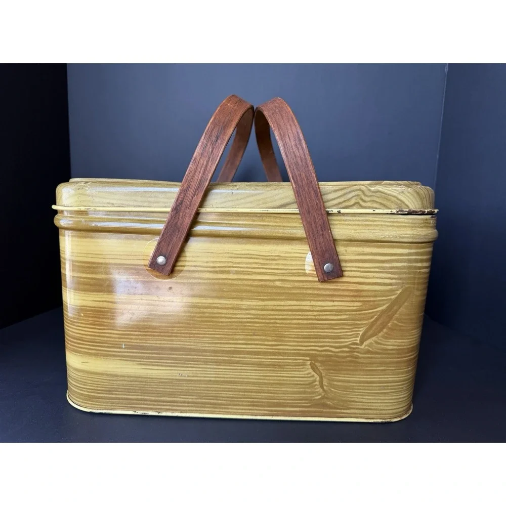 Vintage 1950s Faux Wood Grain Metal Picnic Basket with Wooden Handles